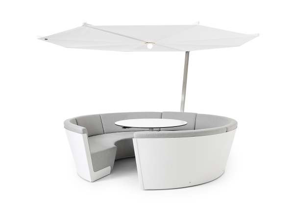 extremis® Kosmos Lounge mit Sonnenschirm & Tisch-Sitzkombination 8-Sitzer weiss/grau