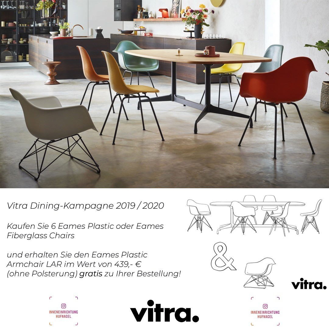 | Vitra Dining Kampagne 2019 / 20206 Eames Fiberglass Chairs oder 6 Eames Plastic Chairs kaufen und den Vitra Armchair LAR im Wert von 439,- € geschenkt bekommen!weiter Infos: https://www.inneneinrichtung-hufnagel.de/sonderaktionen-herstellerakti