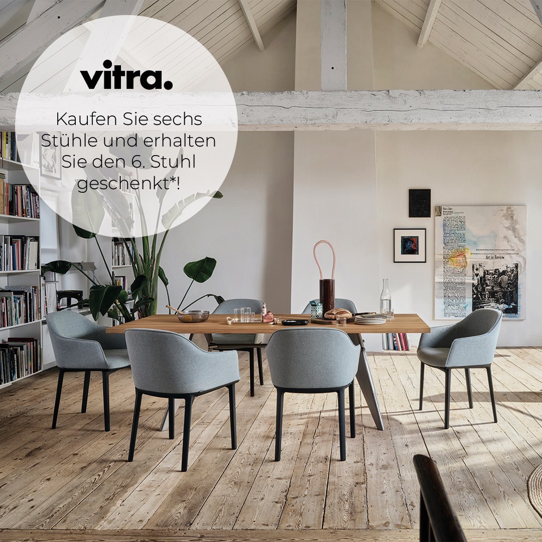 | Vitra Esszimmerstuhl-Angebot"Kaufen Sie sechs Stühle und erhalten Sie den 6. Stuhl geschenkt*!https://www.inneneinrichtung-hufnagel.de/sonderaktionen-herstelleraktionen/vitra-winterkampagne-2022-2023/Aktionszeitraum: 01. November 2022 bis ein