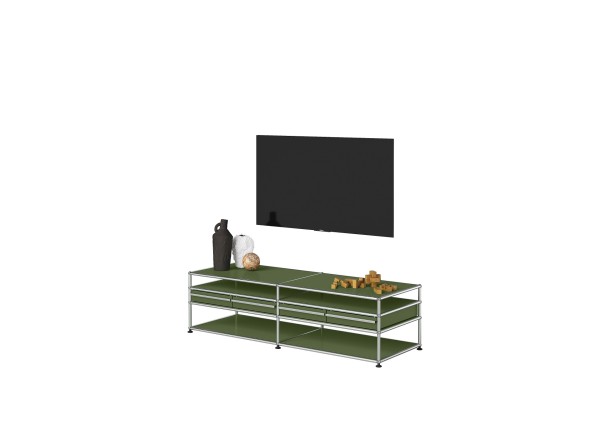 USM Haller Lookbook 2025 Lowboard offene Facher schmale Schubkasten olivgrun 65