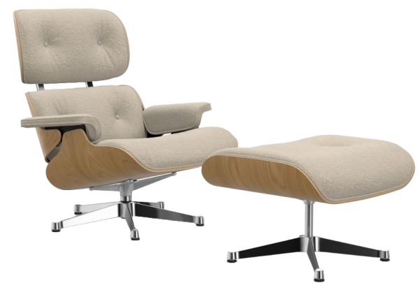 Vitra Lounge Chair Ottoman Kastanie natur Stoff Nubia creme perle UG poliert