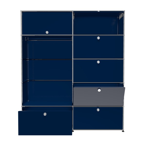 USM Haller Garderobe mit Einschubtueren Klapptueren Schubladen und Garderobenstange stahlblau