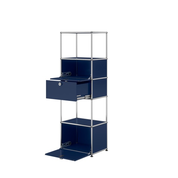 USM Haller Regal mit 2 Klappturen 1 Schubkasten und 2 offene Facher stahlblau seitlich