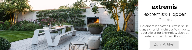 extremis® Hopper Picnic Gartentisch mit Sitzbank Iroko Hartholz UG: weiß, pulverbeschichtet