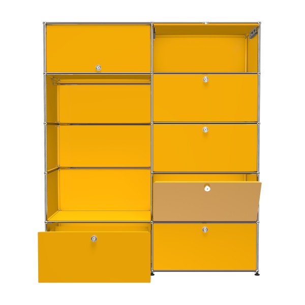 USM Haller Garderobe mit Einschubturen Klappturen Schubladen und Garderobenstange gelb