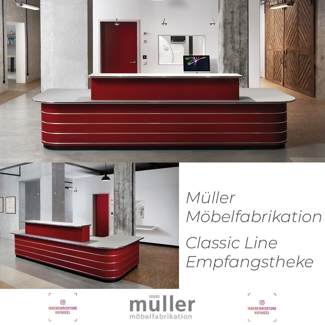 | Müller Möbelfabrikation Classic Line EmpfangsthekeWeil der erste Eindruck zählt: Die Empfangstheke CLASSIC LINE vermittelt bereits beim ersten Kontakt ein elegantes und frisches Willkommen an Ihre Besucher und Kunden. Damit senden Sie ein wichtig