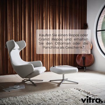 | Vitra Winterkampagne 2021 / 2022 Die Ohrensessel Grand Repos und Repos von Antonio Citterio bieten insbesondere in Kombination mit dem passenden Ottoman oder der Panchina einen außerordentlichen Komfort. Die im Innern des Sessels verborgene Synch
