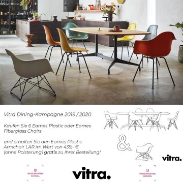 | Vitra Dining Kampagne 2019 / 20206 Eames Fiberglass Chairs oder 6 Eames Plastic Chairs kaufen und den Vitra Armchair LAR im Wert von 439,- € geschenkt bekommen!weiter Infos: https://www.inneneinrichtung-hufnagel.de/sonderaktionen-herstellerakti