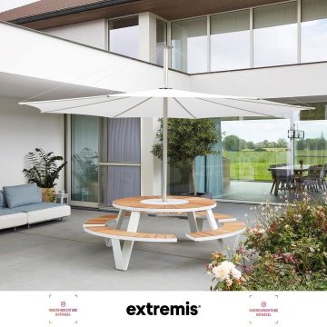 | extremis® Pantagruel Picnic design by Dirk WynantsDer runde Picknicktisch Pantagruel bietet Platz für acht Personen. Der Rahmen ist pulverbeschichtet oder verzinkt. In Kombination mit dem Holz der Tischplatte und der Bänke entsteht ein langlebige