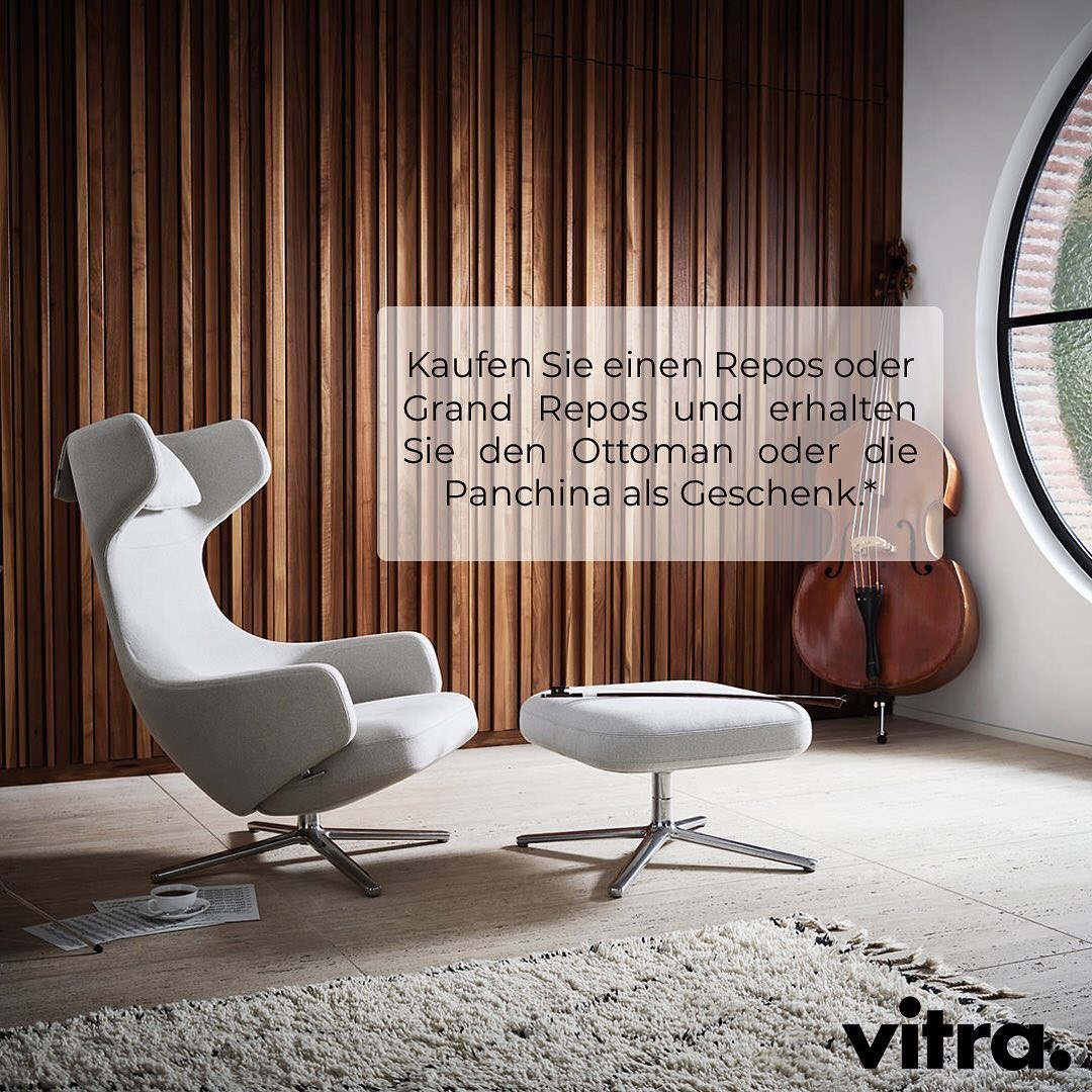 | Vitra Winterkampagne 2021 / 2022 Die Ohrensessel Grand Repos und Repos von Antonio Citterio bieten insbesondere in Kombination mit dem passenden Ottoman oder der Panchina einen außerordentlichen Komfort. Die im Innern des Sessels verborgene Synch