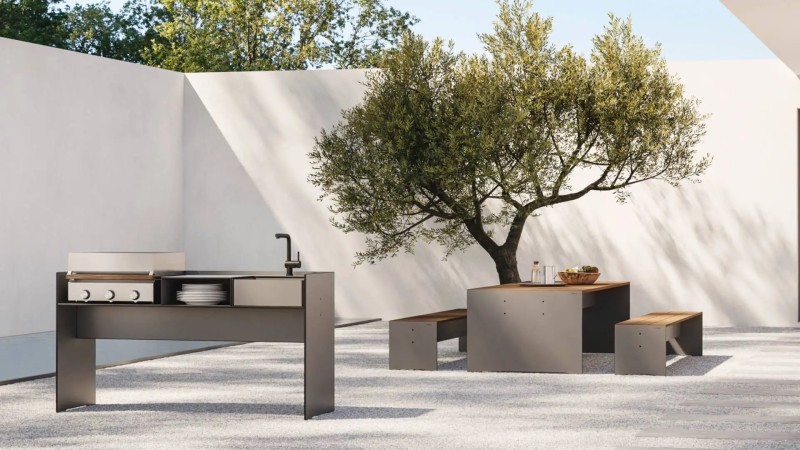 Conmoto Riva Outdoorküche Riva Esstsich mit Sitzbank minimalisitsch Designerhaus