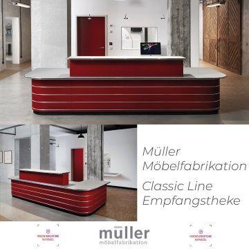 | Müller Möbelfabrikation Classic Line EmpfangsthekeWeil der erste Eindruck zählt: Die Empfangstheke CLASSIC LINE vermittelt bereits beim ersten Kontakt ein elegantes und frisches Willkommen an Ihre Besucher und Kunden. Damit senden Sie ein wichtig