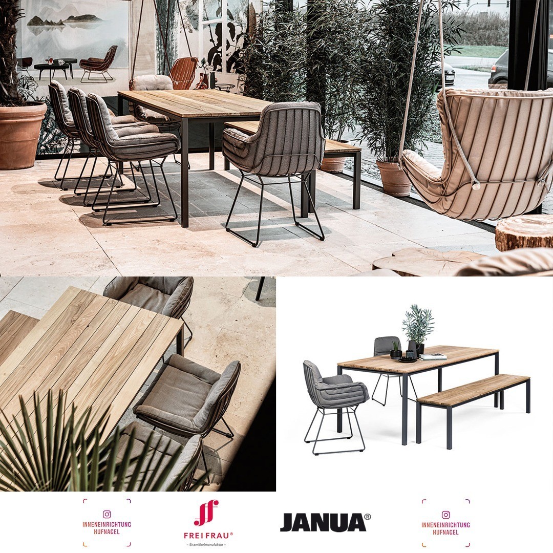 | Freifrau Leyasol Armchair & Janua S 600 OutdoortischDas Design-Duo Birgit Hoffmann und Christoph Kahleyss haben das Modell Leya entworfen, das mittlerweile zu den neuen Klassikern zählt. Fast zwanzig Teile umfasst die Kollektion, der nun mit Ley