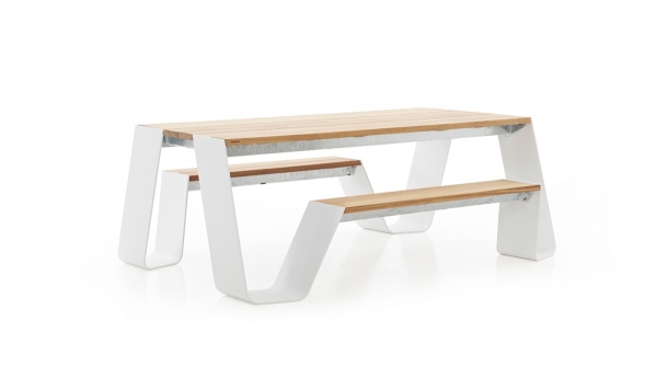 extremis® Hopper Picnic Gartentisch mit Sitzbank B 180 cm Iroko Hartholz UG: weiß, pulverbeschichtet