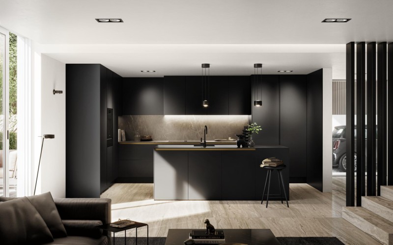 SieMatic Küchenlinie Pure schwarze Küche im Einfamilienhaus mit offener Garage